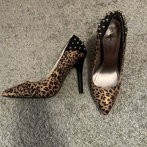 Qupid Leopard Print Pointed Stiletto Heels with Black Spiked Trim